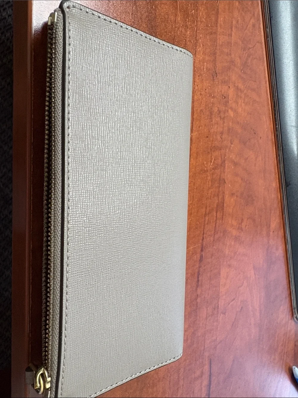 Tory Burch Gray Zip Wallet with Gold Logo